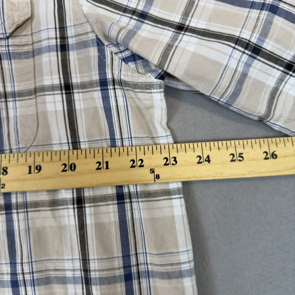Wrangler Authentics Shirt Men's Large Tan Blue‎ Plaid Button Down Short Sleeve